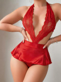 Sexy Lingerie Red Lace Mesh Backless Dress with Thong