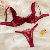 Burgundy Embroidered Hollowed-Out Bra See-Through Pantie Lingerie Set