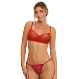 Red Embroidered French Bra See-Through Sexy Thong Lingerie Set