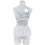 Sexy Underwired Lace Trim Hollow Out Lace Three Piece Lingerie Set