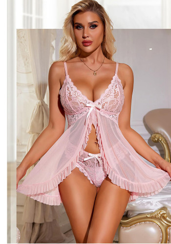 Pink Mesh Slit Dress with Thong Sexy Lingerie