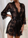 Black Lace Mesh Night Robe with Thong Sexy Lingerie