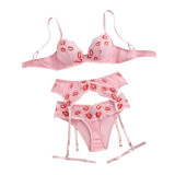 Women Lips Print Lace See-Through Mesh Bra & Panty Garter Lingerie Set