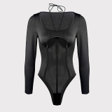 Black Long Sleeve Mesh See-Through Sexy Hollow-Out Bodysuit