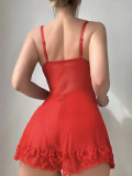 Red Lace Mesh Strap Night Dress with Thong Sexy Lingerie
