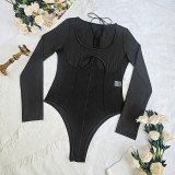 Black Long Sleeve Mesh See-Through Sexy Hollow-Out Bodysuit