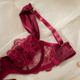 Burgundy Embroidered Hollowed-Out Bra See-Through Pantie Lingerie Set
