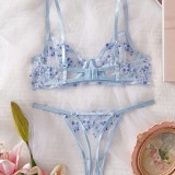 Floral Embroidered Lace Bra See-Through Thong Sexy Lingerie Set