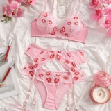 Women Lips Print Lace See-Through Mesh Bra & Panty Garter Lingerie Set