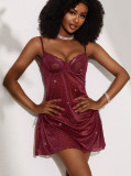 Burgunry Sequin Soft Underwired See-Through Lace Sexy Nightgown