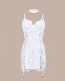 White See-through Mesh Sexy Lingerie Nightgown with Choker +Leg Loops