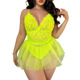 Plus Size Sexy Lingerie Yellow See-Through Lace Mesh Night Dress