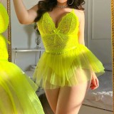 Plus Size Sexy Lingerie Yellow See-Through Lace Mesh Night Dress