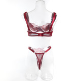 Burgundy Embroidered Hollowed-Out Bra See-Through Pantie Lingerie Set