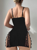 Black Slit Night Dress with Thong Sexy Lingerie