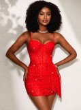 Sexy Slip Dress Strap Sequin Mesh Nightgown Underwired Padded Bra Fishbone Dress