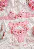 Women Lips Print Lace See-Through Mesh Bra & Panty Garter Lingerie Set