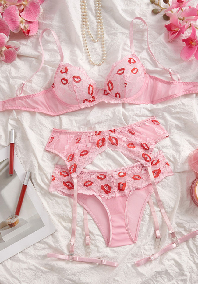Women Lips Print Lace See-Through Mesh Bra & Panty Garter Lingerie Set