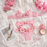 Women Lips Print Lace See-Through Mesh Bra & Panty Garter Lingerie Set