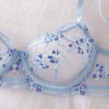 Floral Embroidered Lace Bra See-Through Thong Sexy Lingerie Set