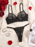 Black Floral Lace Bra See-Through Thong Sexy Lingerie Set
