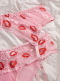 Women Lips Print Lace See-Through Mesh Bra & Panty Garter Lingerie Set