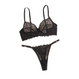 Black Floral Lace Bra See-Through Thong Sexy Lingerie Set