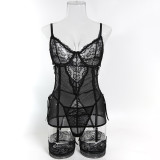 Sexy Lace Patchwork Mesh Bodysuit With Fishnet Stockings Lingerie Set