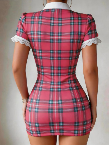 Sexy Lingerie Women Pink Plaid Hollow Out Dress with Thong