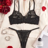 Black Floral Lace Bra See-Through Thong Sexy Lingerie Set