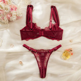 Burgundy Embroidered Hollowed-Out Bra See-Through Pantie Lingerie Set