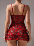 Women Sexy Lingerie Red Lace Strap Night Dress with Thong