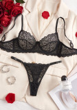 Black Floral Lace Bra See-Through Thong Sexy Lingerie Set