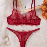 Red Lace Bra and Thong Sexy Two-Piece Lingerie Set