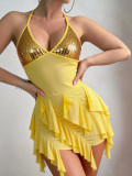 Sexy Lingerie Yellow Sequin Halter Low Back Dress with Thong