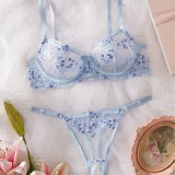 Floral Embroidered Lace Bra See-Through Thong Sexy Lingerie Set