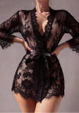 Black Lace Mesh Night Robe with Thong Sexy Lingerie