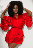 Women Sequin Patchwork Tie Waist Leisure Home Robe