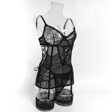 Sexy Lace Patchwork Mesh Bodysuit With Fishnet Stockings Lingerie Set