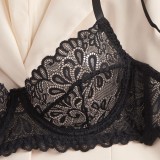Black Floral Lace Bra See-Through Thong Sexy Lingerie Set
