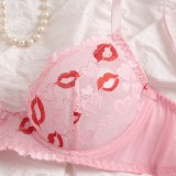 Women Lips Print Lace See-Through Mesh Bra & Panty Garter Lingerie Set