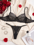 Black Floral Lace Bra See-Through Thong Sexy Lingerie Set