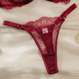 Burgundy Embroidered Hollowed-Out Bra See-Through Pantie Lingerie Set