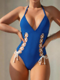 Blue Hollow Out Lace Up Bodysuit Sexy Teddy Lingerie