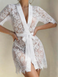 Sexy Lingerie White Lace Mesh Night Robe with Thong