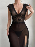 Sexy Lingerie Black Lace Mesh Long Night Dress with Thong