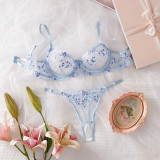 Floral Embroidered Lace Bra See-Through Thong Sexy Lingerie Set