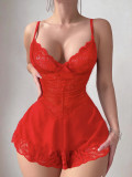 Red Lace Mesh Strap Night Dress with Thong Sexy Lingerie