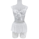 Sexy Underwired Lace Trim Hollow Out Lace Three Piece Lingerie Set