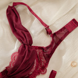 Burgundy Embroidered Hollowed-Out Bra See-Through Pantie Lingerie Set